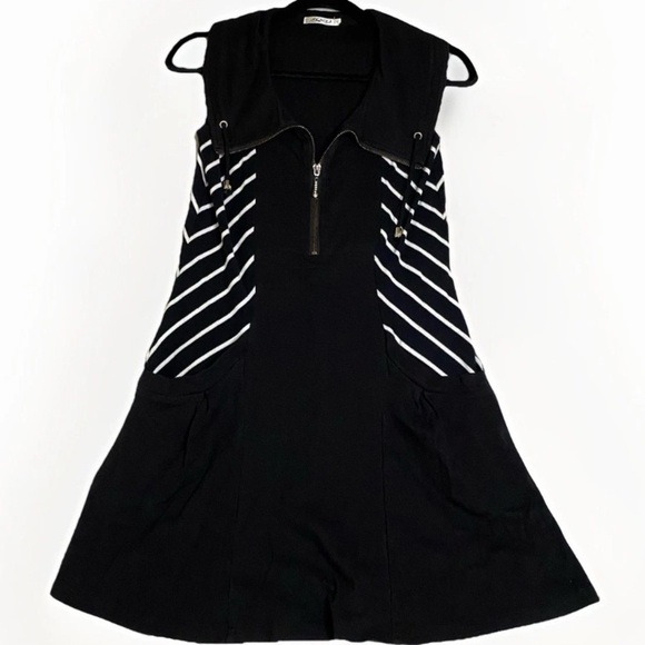 Tennis Dress 1/4 Zip Sz S Sleeveless Black & White Stripes w Pockets Preppy - Picture 1 of 9